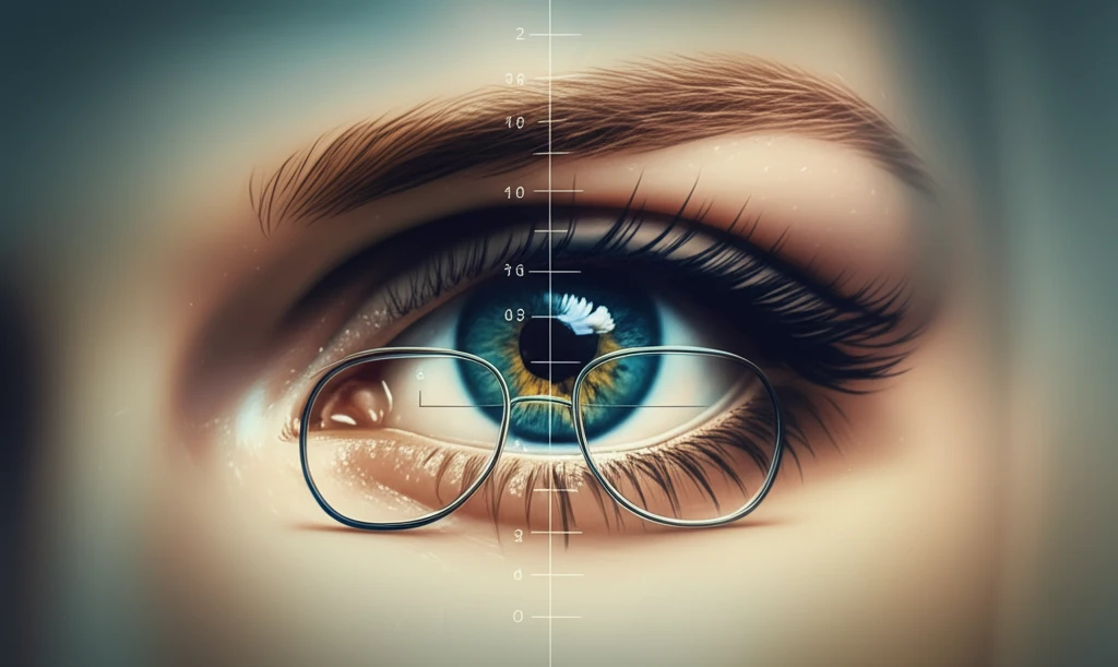 Illustration of an eye with floating eyeglasses, emphasizing vertex distance measurement.