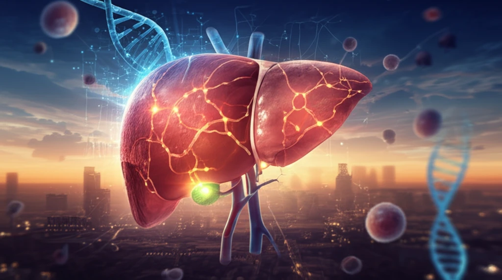 Illustration of a liver cell with glowing epigenetic marks, symbolizing hope for liver cancer treatment.