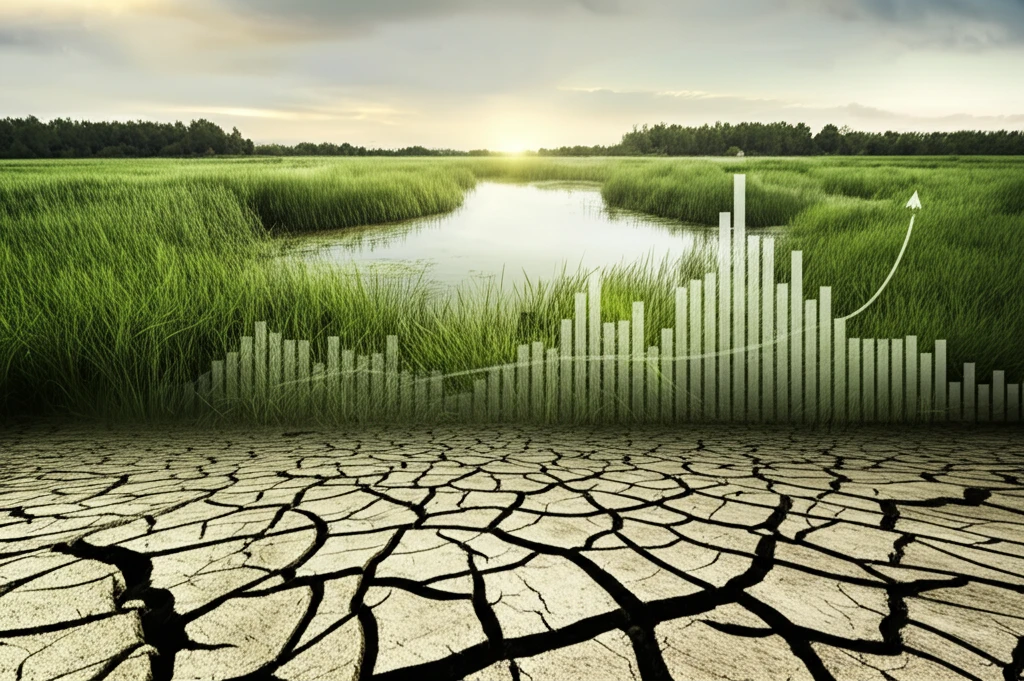 Wetland landscape transitioning into dry earth, power-law function graph overlay.