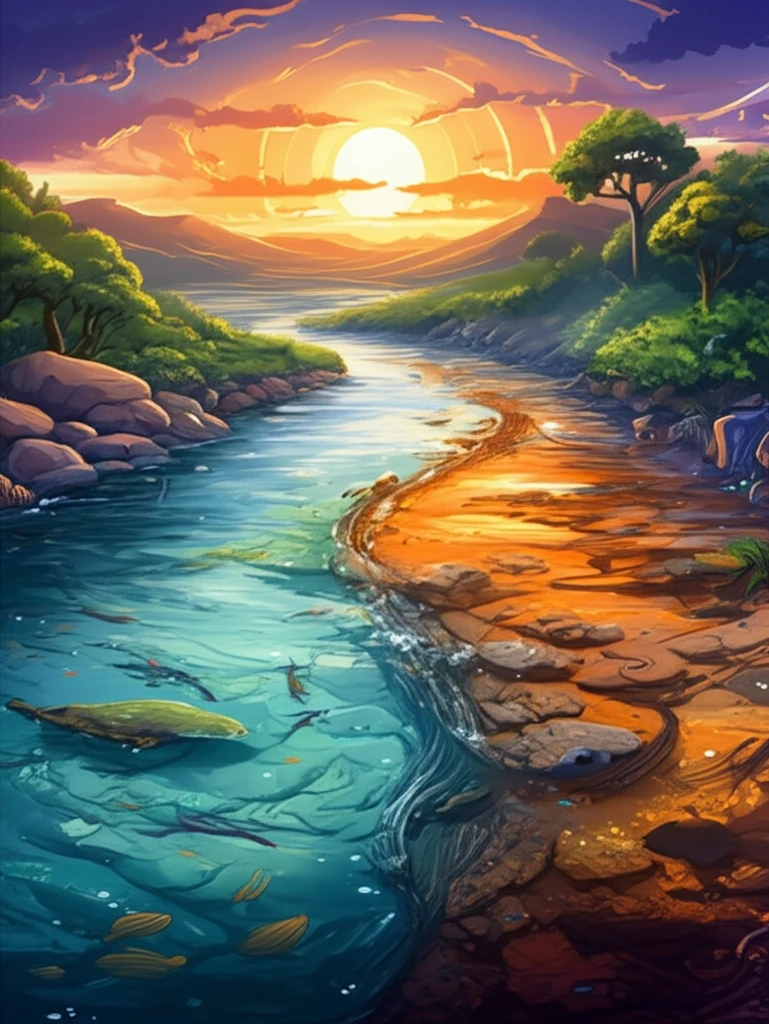 A surreal illustration depicting the transition from a healthy river to a polluted stream due to zinc toxicity and rising temperatures.
