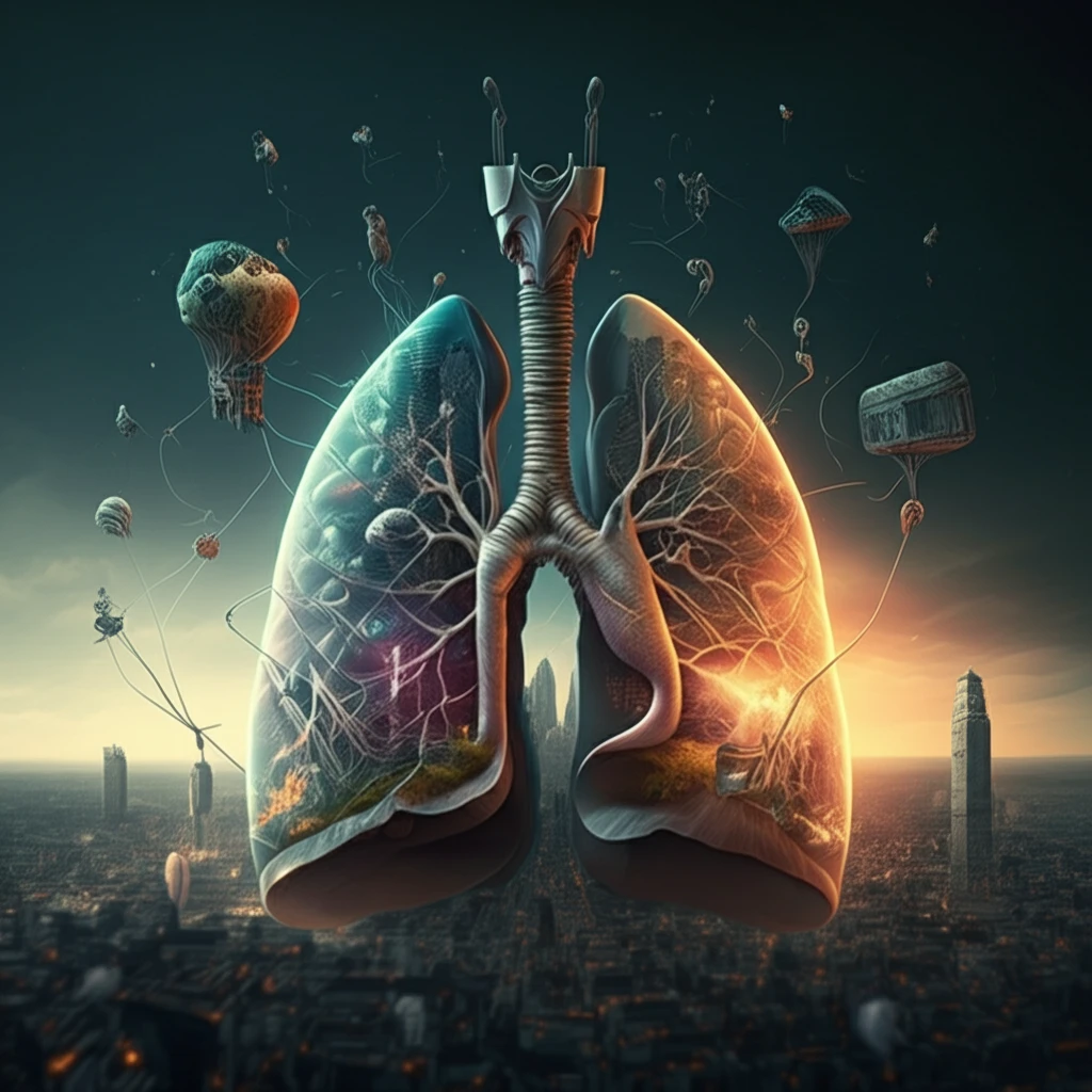Dynamic Lung Analysis Visualized: A cityscape within lungs, symbolizing airflow and movement.