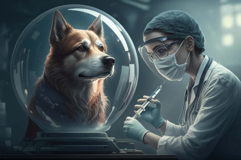 Dog receiving vaccination surrounded by a protective immunity bubble.