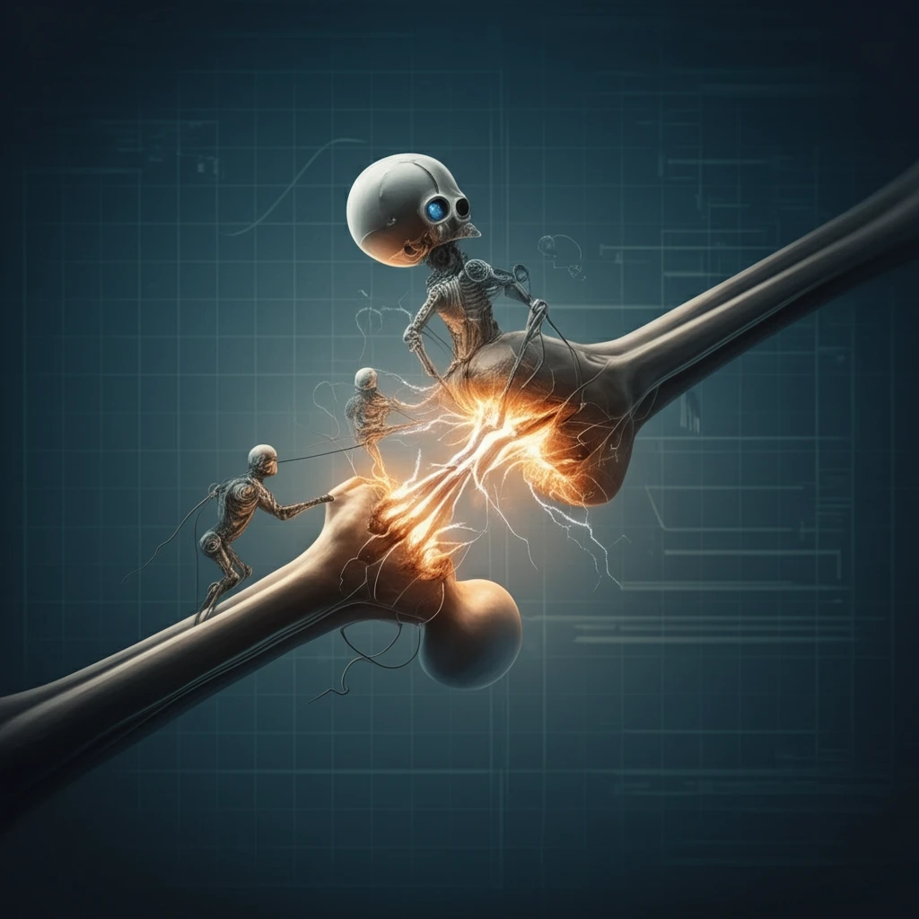Illustration of perfectly aligned bone fracture being mended by robotic surgeons.