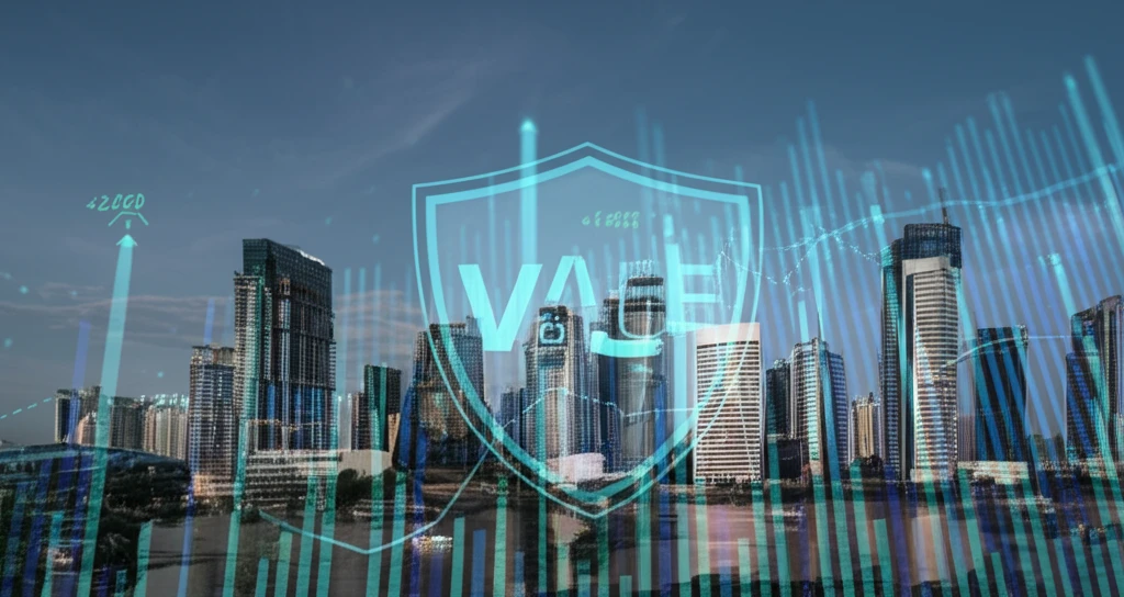 City skyline blending with a floodplain, protected by a Value at Risk graph.
