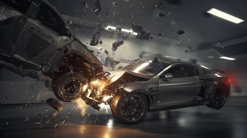 Futuristic car crash scene, emphasizing energy absorption and material deformation during multiple impacts, made of CFRP and aluminum.