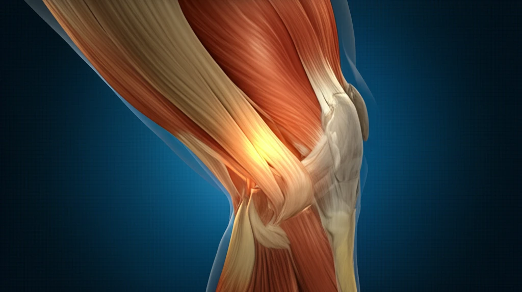 Surreal illustration of a knee with glowing muscles representing the balance of muscle co-contraction.
