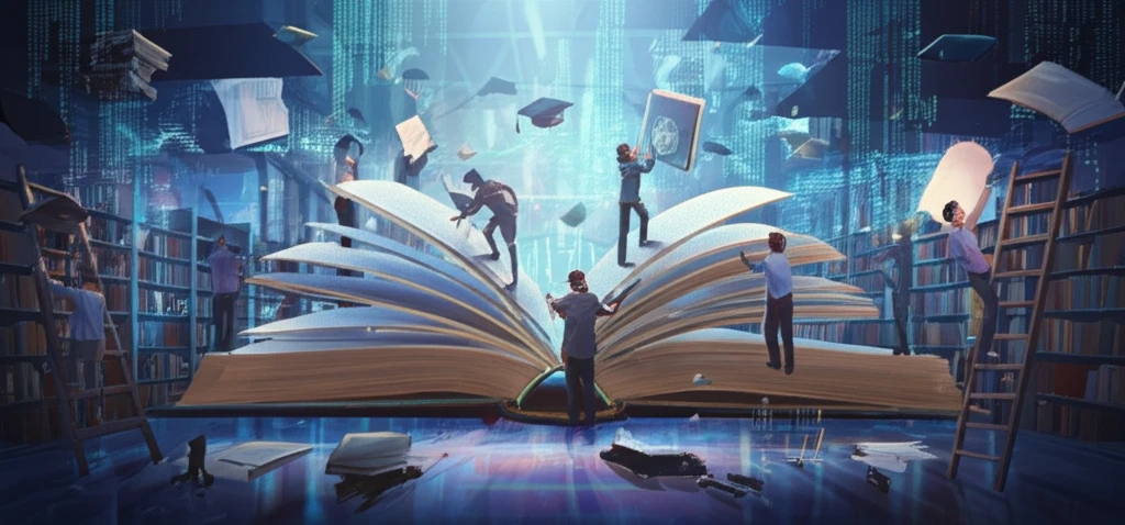Collaborative construction of educational research illustrated with diverse people building a large, ornate book.