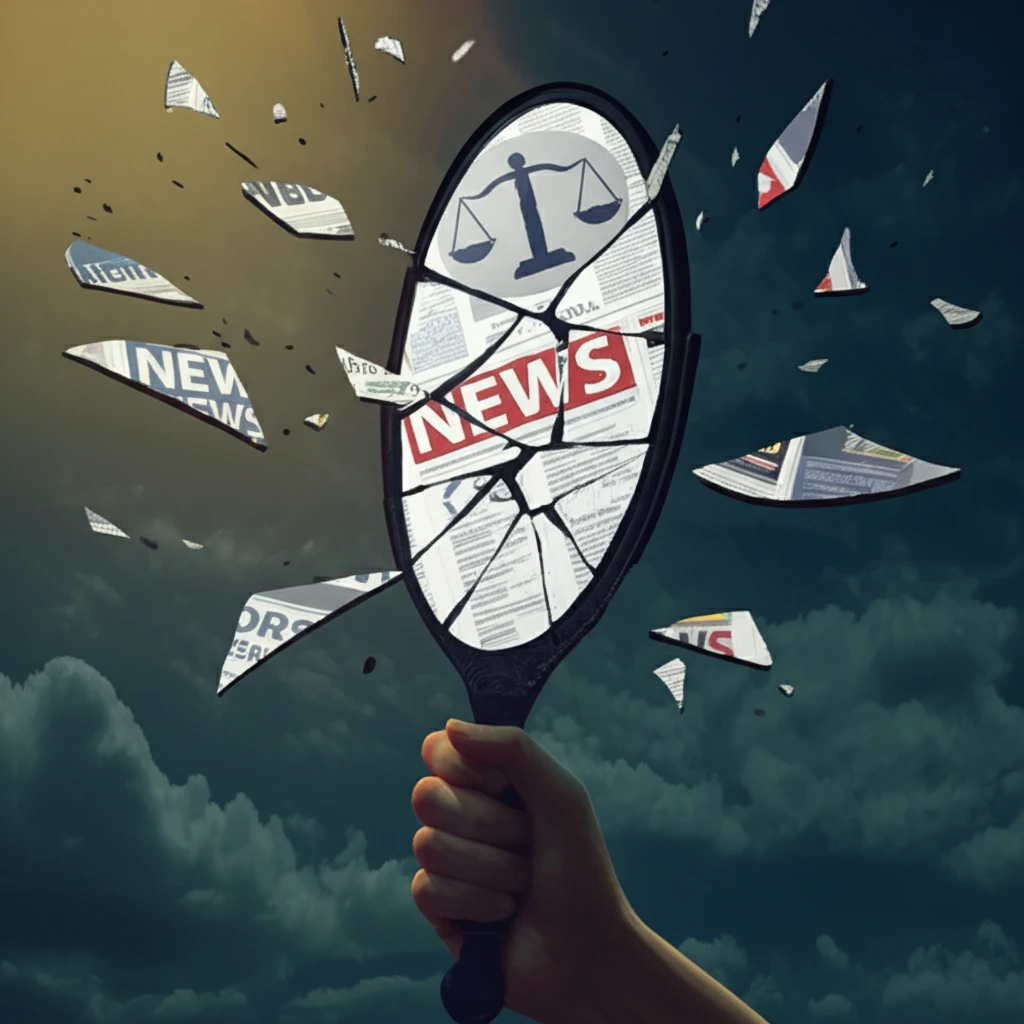 Shattered mirror reflecting distorted news headlines and rhetorical symbols.