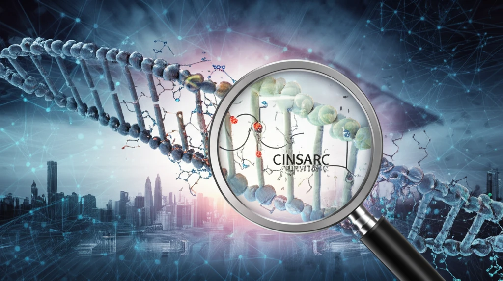 DNA strand transforming into interconnected pathways, symbolizing cancer metastasis with CINSARC signature highlighted.