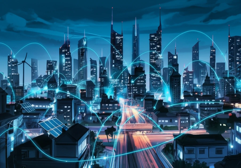 Futuristic cityscape powered by efficient DC distribution networks.