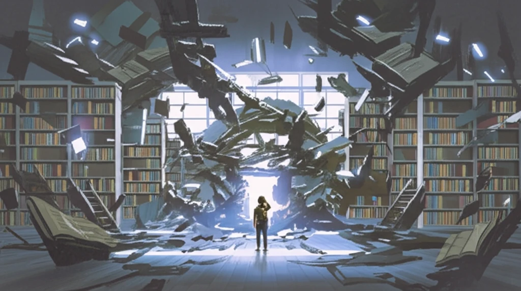 Surreal illustration of a student in a vocabulary library.