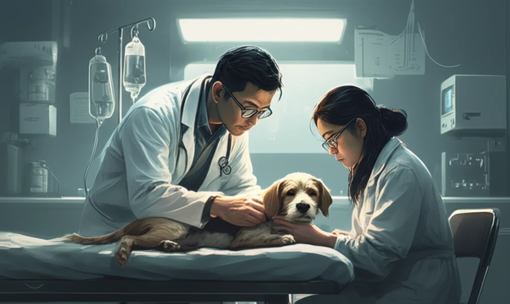 Veterinarian administering Hydroxyethyl Starch to a dog with concerned owner