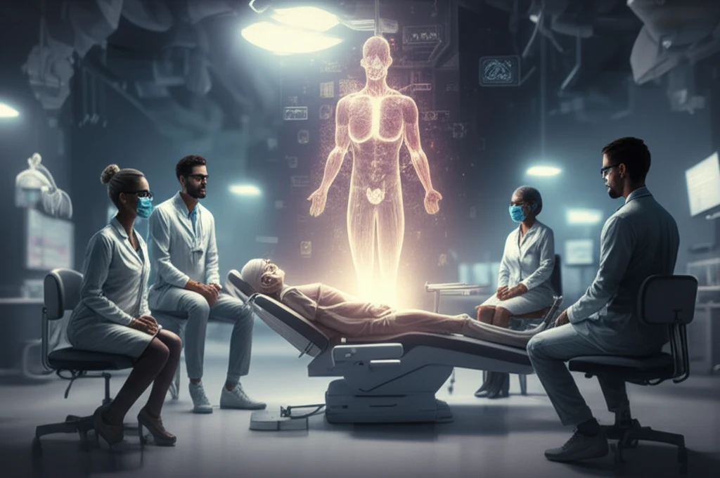 Surreal illustration of dental students caring for a patient, symbolizing empathy and HIV/HTLV awareness.