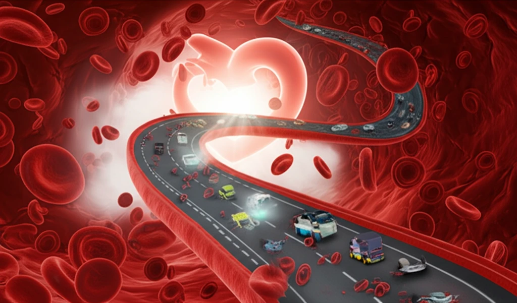 Surreal illustration of cholesterol particles in blood vessels.