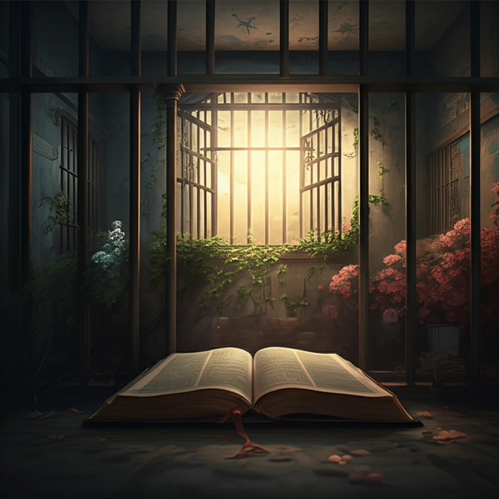 Prison cell transforming into a blooming garden, symbolizing hope and renewal.
