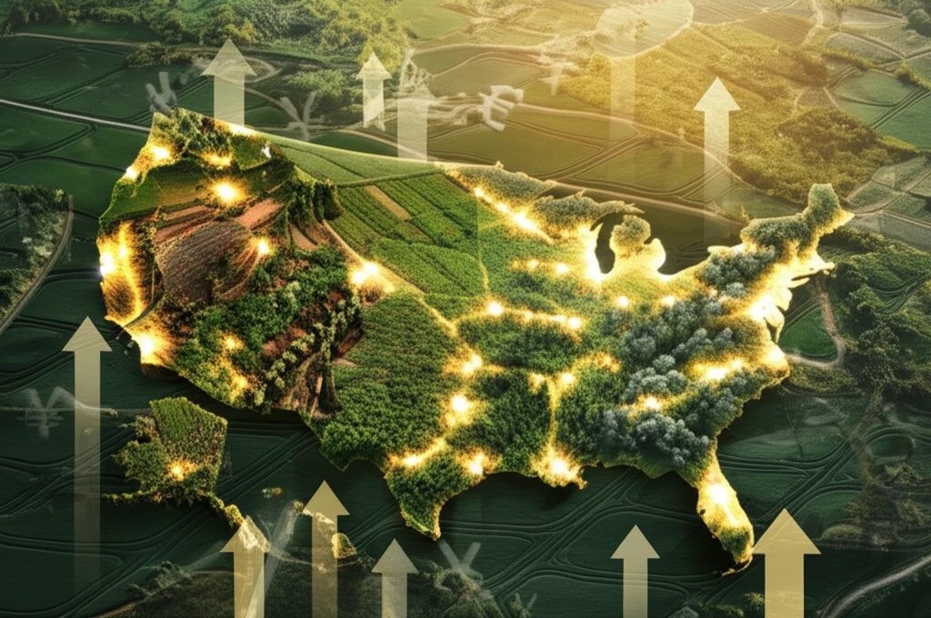 Aerial view of organic farms forming a US map, symbolizing economic growth