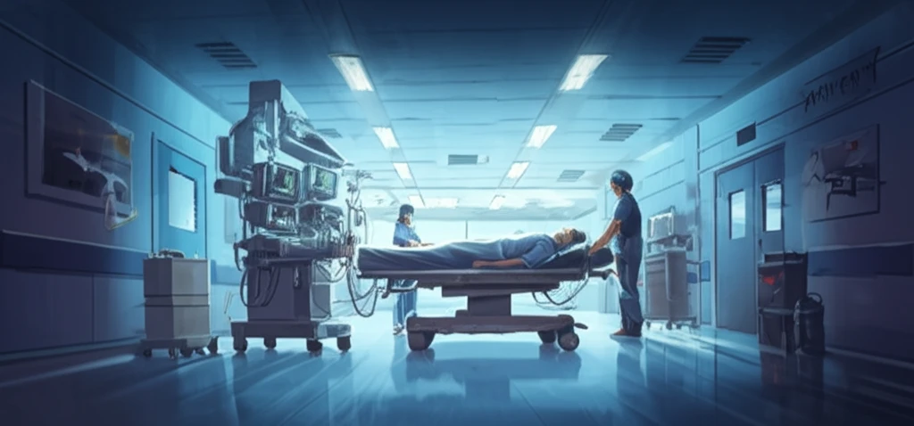 Medical staff transporting a critically ill patient in a brightly lit hospital corridor.