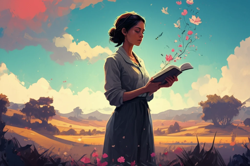 Empowered woman holding a book, with flowers blooming from its pages.