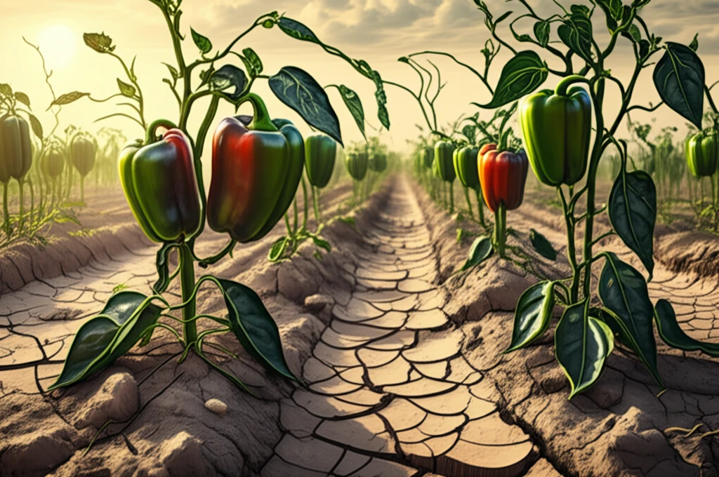 Bell pepper field with thriving plants in the center amidst wilting crops, symbolizing resilience against salt stress.