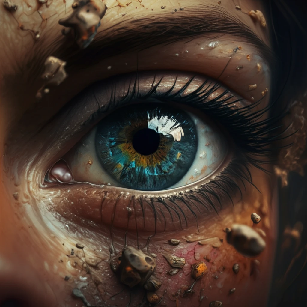 Surreal illustration of an eye with lead particles, symbolizing the link between environmental toxins and glaucoma risk.