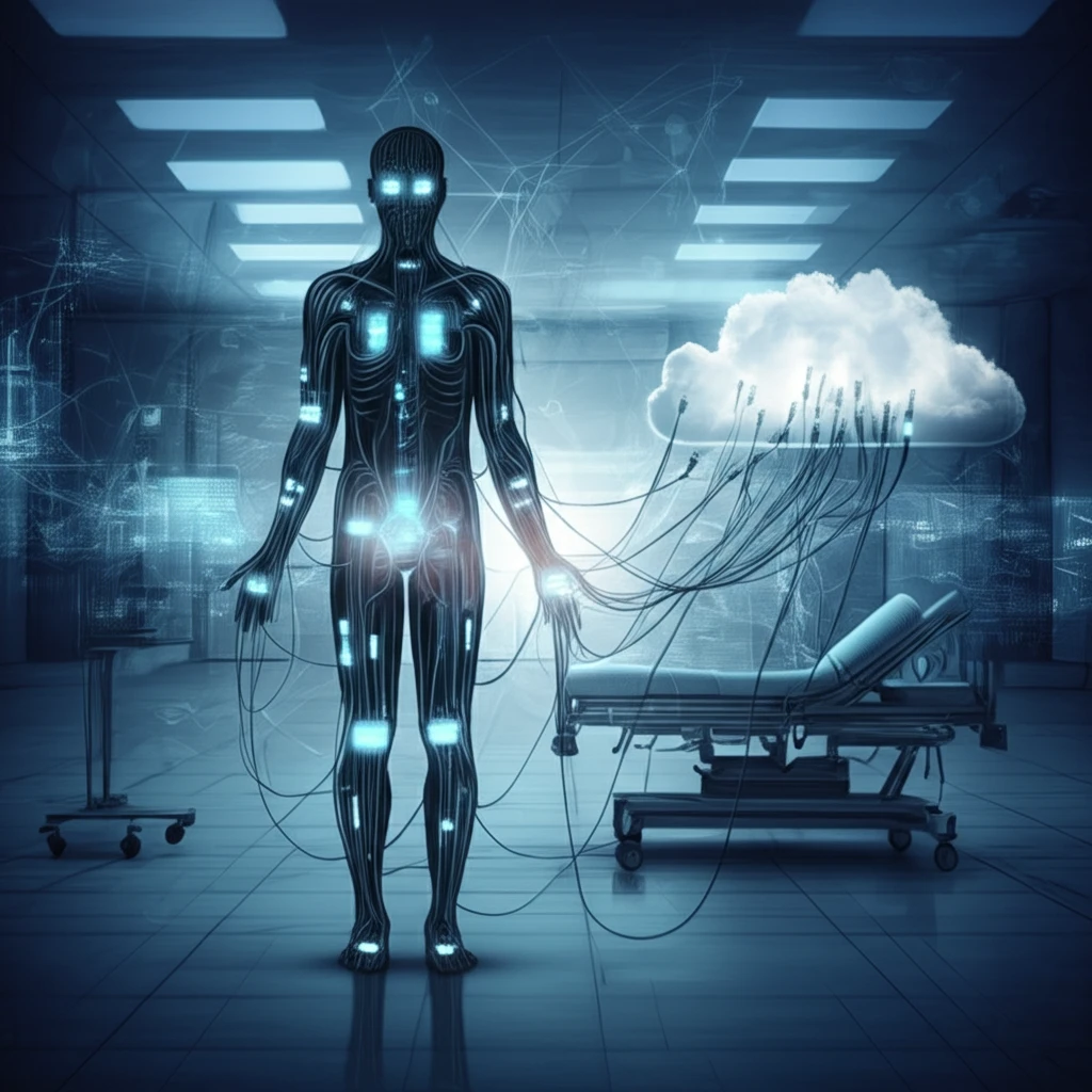 Futuristic medical sensors connected to a patient, transmitting data to a cloud.