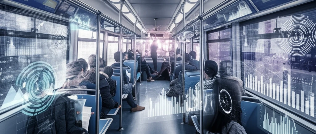 Futuristic city bus with data visualizations overlaid, symbolizing passenger flow analysis.