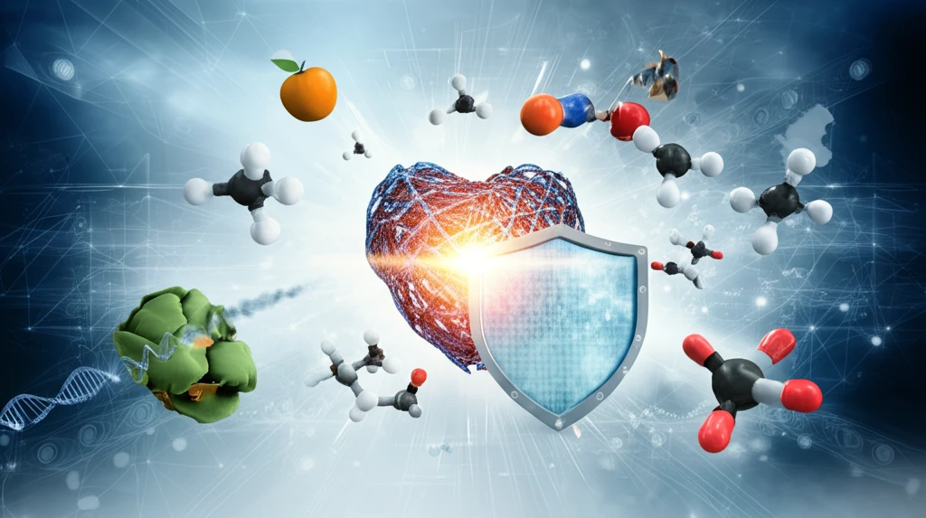 A digital illustration symbolizing heart health, genetics, statin protection, and healthy living.