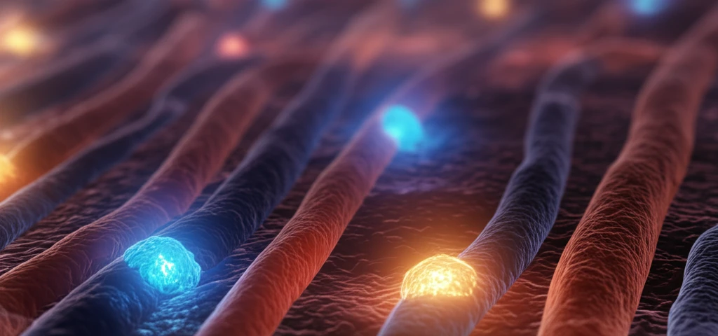 Microscopic view of muscle regeneration with glowing donor cells.