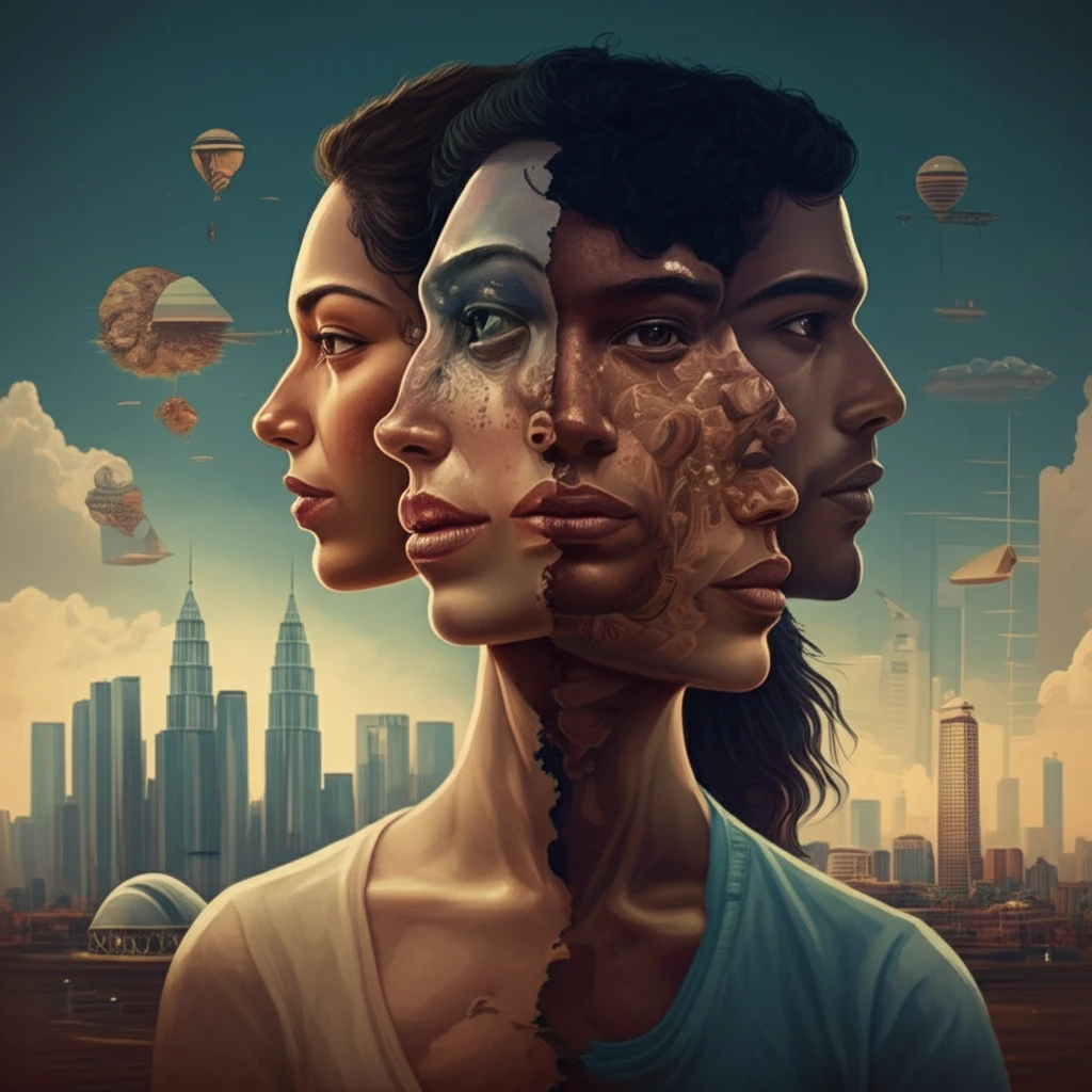 Multi-ethnic faces in a blended cityscape representing fluid identity.