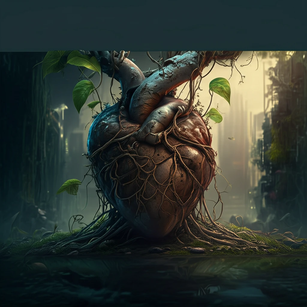 Corroded metal heart with vibrant plant roots symbolizing corrosion science.