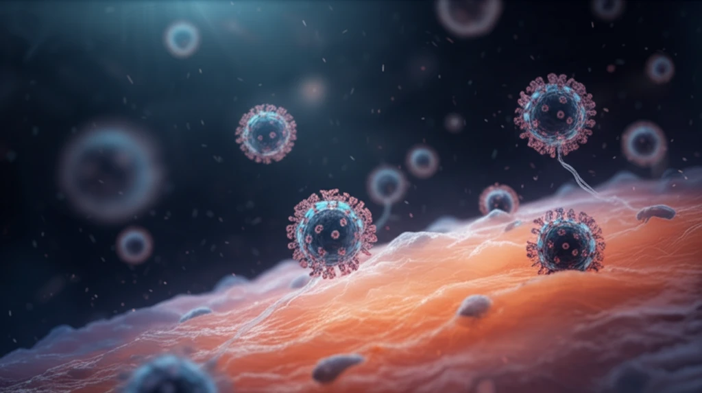 Surreal illustration of the immune system attacking skin cells, symbolizing the connection between viral infections and autoimmune diseases like pemphigus.