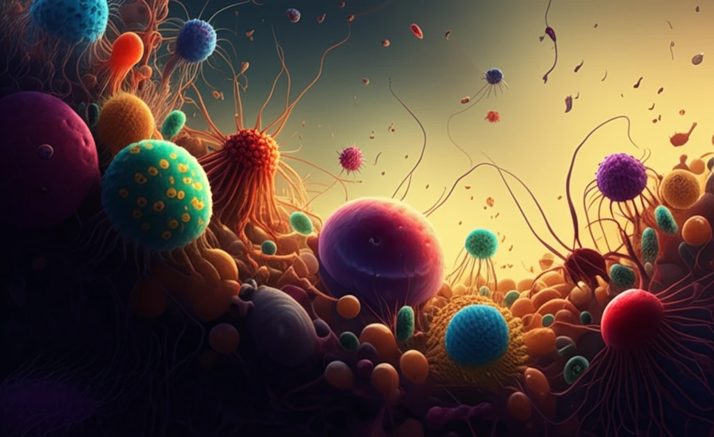 Intricate ecosystem of microbes within a human digestive system.