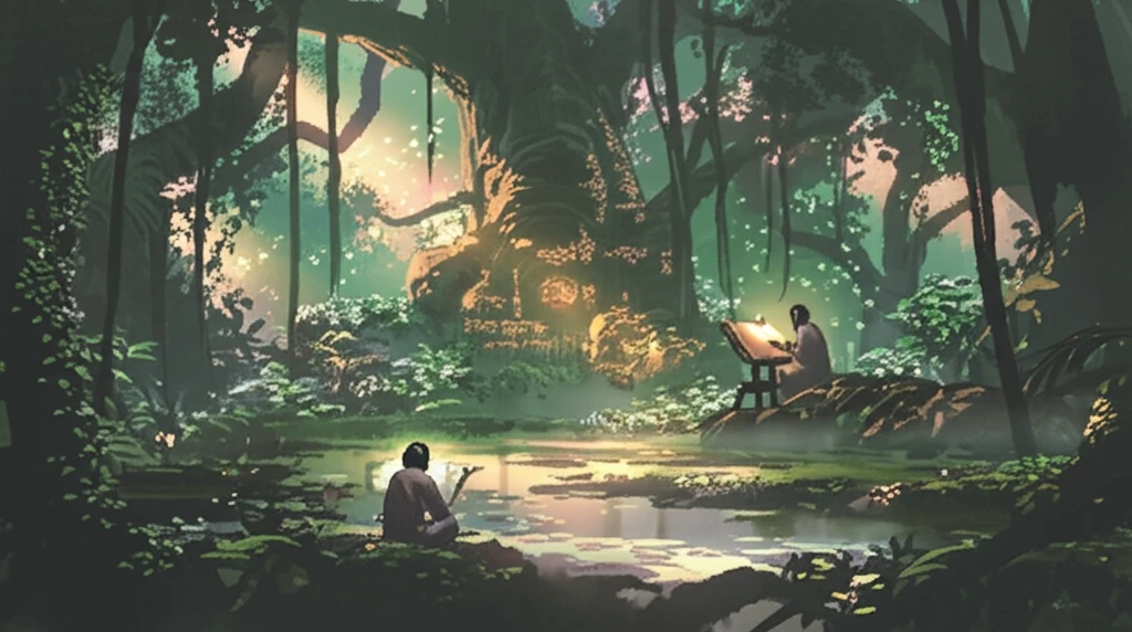 Ancient Arakanese inscriptions glowing in a jungle setting, symbolizing the rediscovery of lost history.