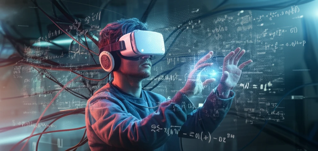Student in VR engineering lab learning control systems.