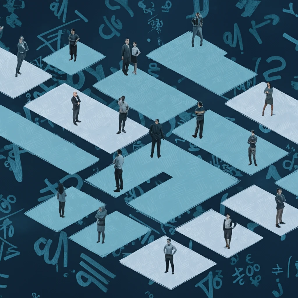 Surreal illustration of geometrically-shaped queues representing optimized wait times.