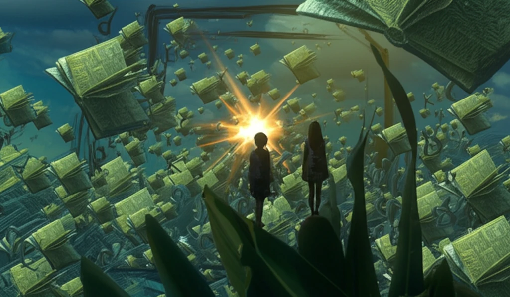 Surreal illustration of a child surrounded by floating books and letters, symbolizing the desire to learn.