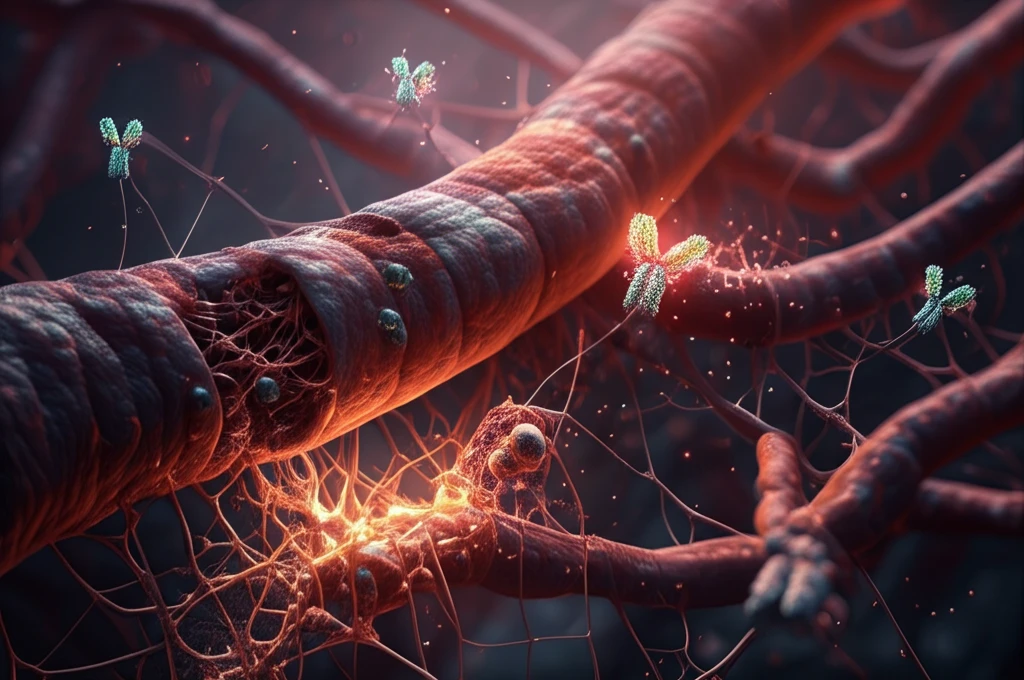 Illustration of autoantibodies attacking muscle fibers in myositis.