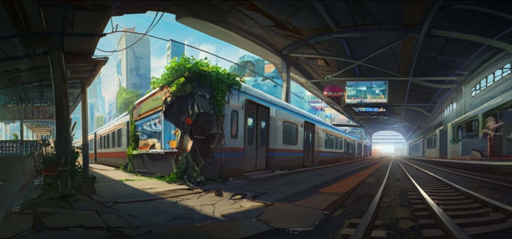 Surreal illustration of a revitalized urban railway station with repurposed spaces.