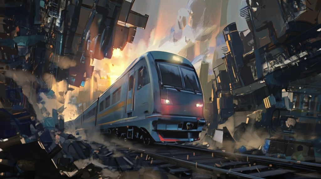 Futuristic train emerges from recycled metal.