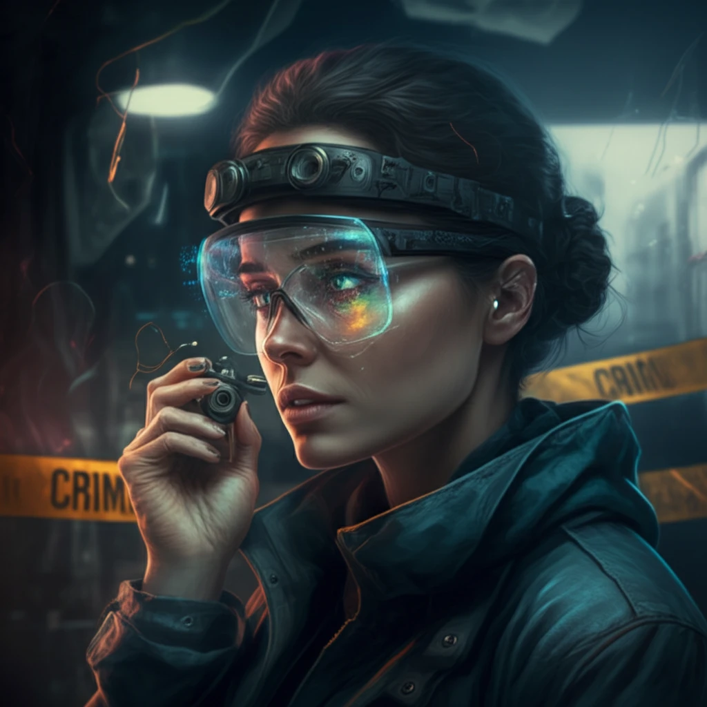 Crime scene investigator using eye-tracking glasses with visual focus heatmap overlay.