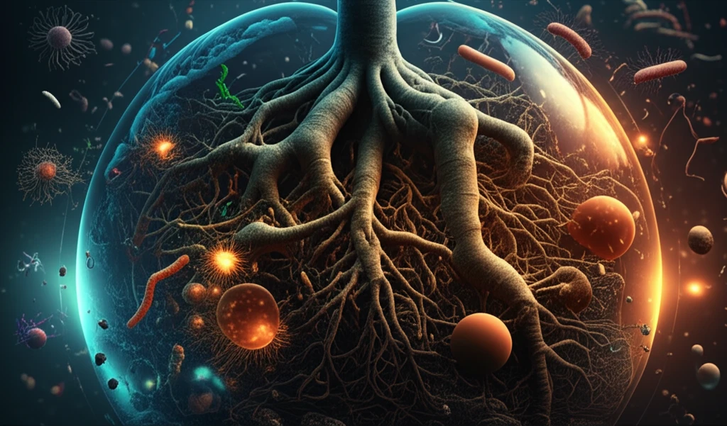 Surreal illustration of soil carbon cycle with intertwined roots and microbial life.