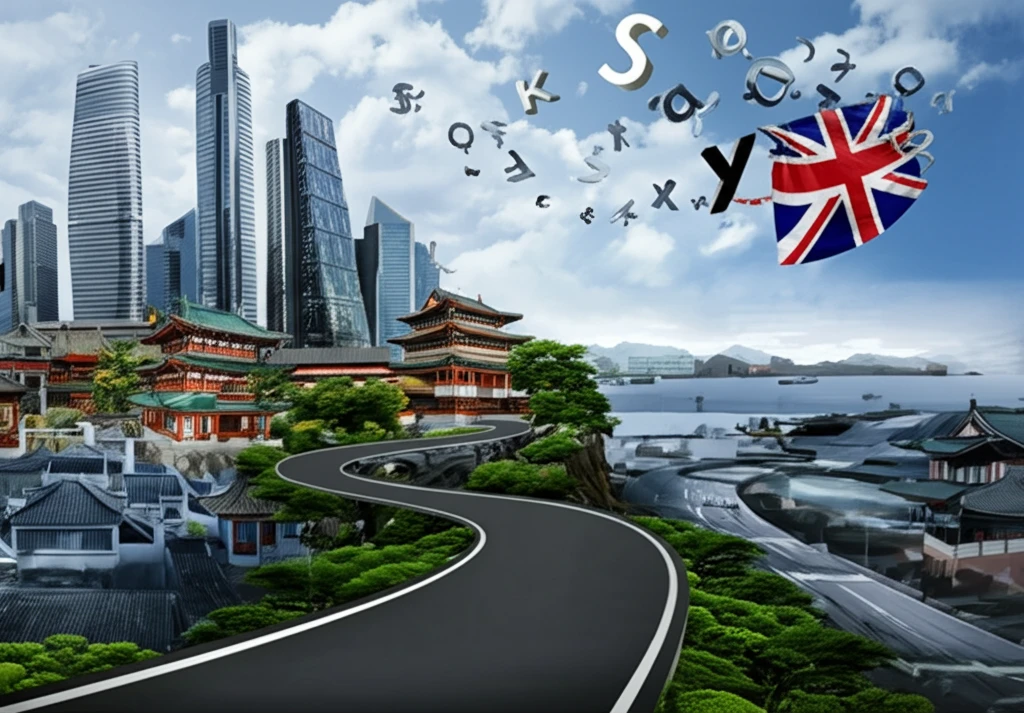A surreal cityscape blending Chinese and English elements, symbolizing the fusion of languages.