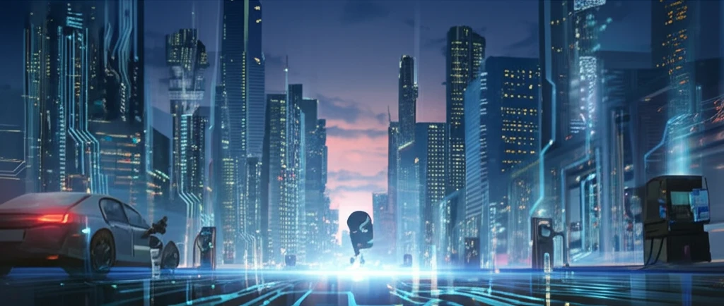 Futuristic cityscape with electric vehicles exchanging energy in a smart grid.