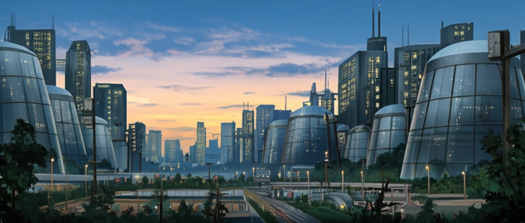 Futuristic city skyline with integrated thermal storage tanks