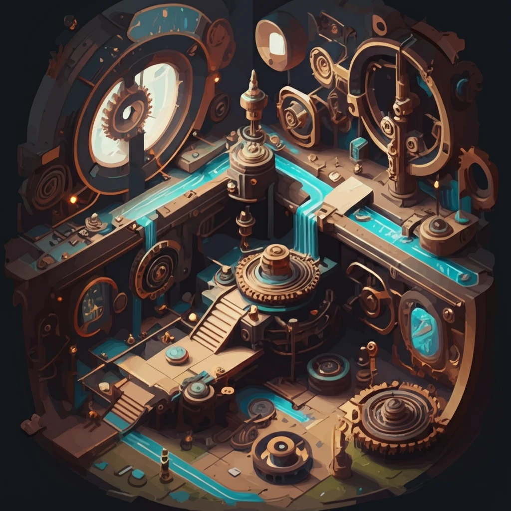Surreal illustration of a university as an interconnected machine.