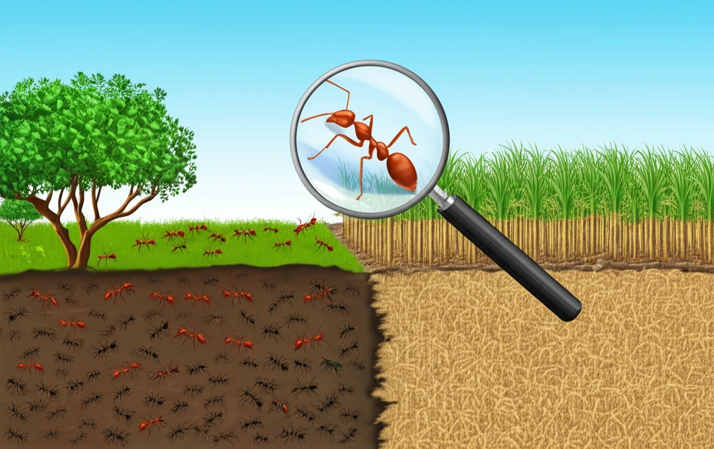 Diverse ant communities thrive in a biodiverse landscape, contrasting with the barrenness of monoculture farming.