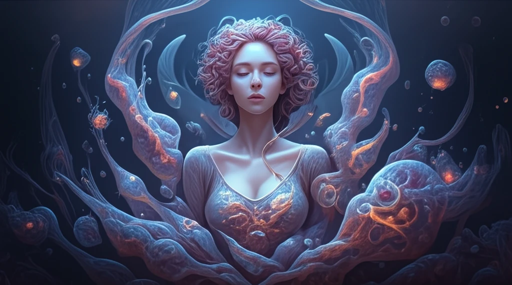 Surreal illustration of a woman with glowing ascites fluid, symbolizing ovarian cancer awareness.