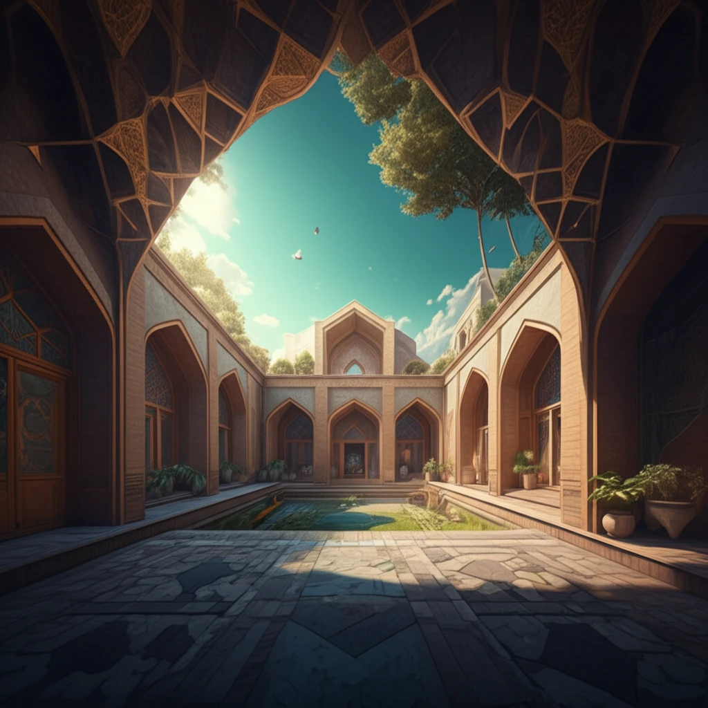 Modern Iranian house blending traditional Islamic design with contemporary architecture.