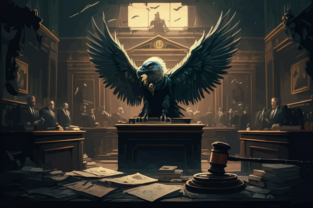 Surreal illustration of a courtroom merging with a global financial market, a vulture overseeing debt battles.