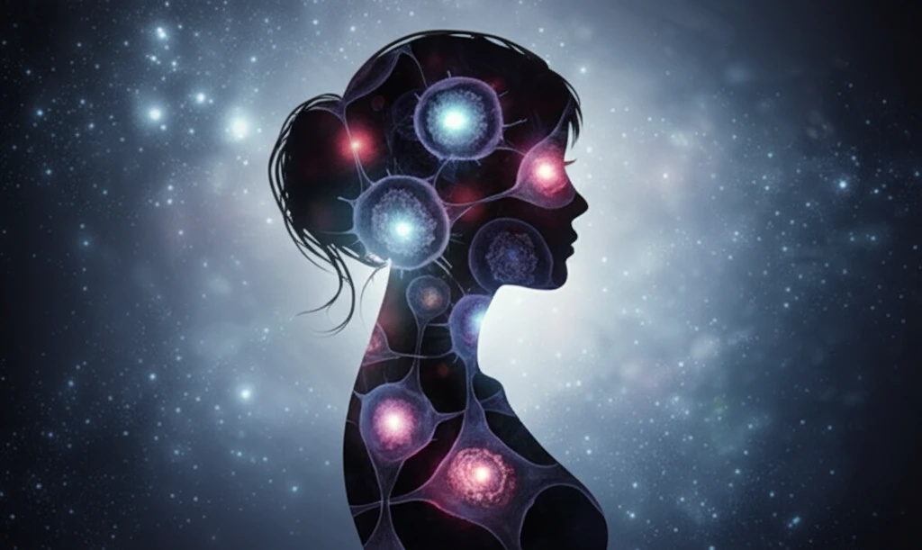 HMGB1 Illustration: Interconnected glowing cells within a woman's silhouette, symbolizing breast cancer detection.